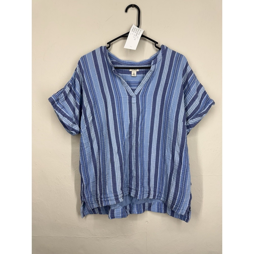 LL BEAN Linen Cloud Gauze Split Neck Top Shirt Lightweight Cotton XL Blue Stripe